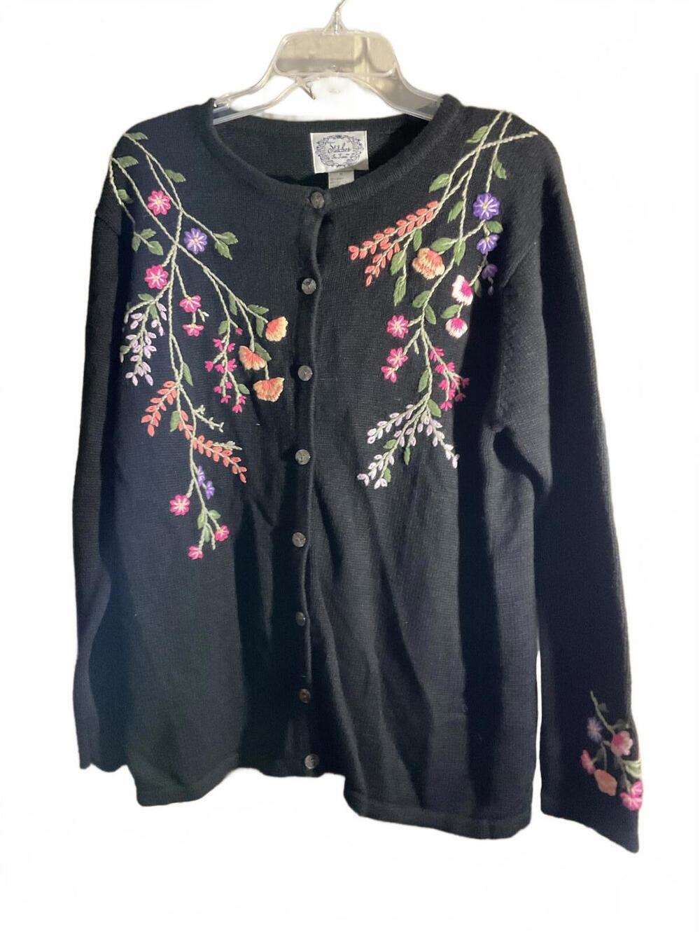 Stitches in June Ramie/ Cotton Floral Embroidered Black Cardigan Sweater M